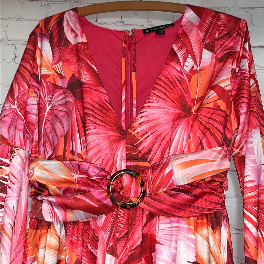 Boston Proper Retro Pink and Red Palm Leaf Long Sleeve Maxi Dress Size 6 - Picture 2 of 6